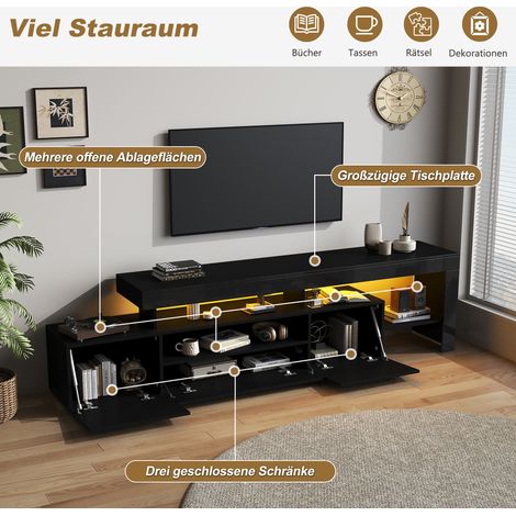 Meuble TV 192x37x53cm avec 3 portes, support télé et console haute brillance LED, buffet TV et commode pour téléviseur jusqu'à 85 pouces, noir (1/5)