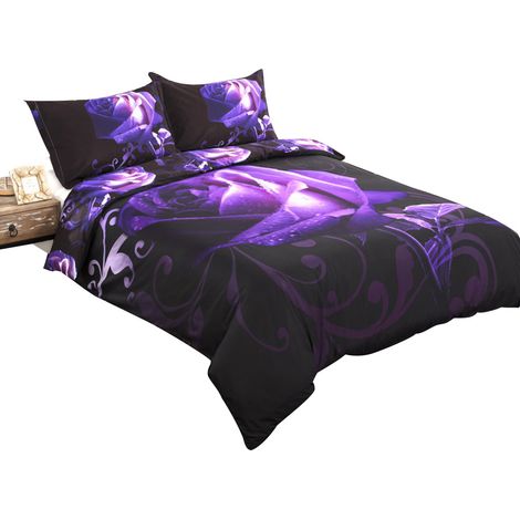 Parure de lit 3D Rose violette, 100 % polyester, housse de couette et taie d'oreiller (King) (1/4)