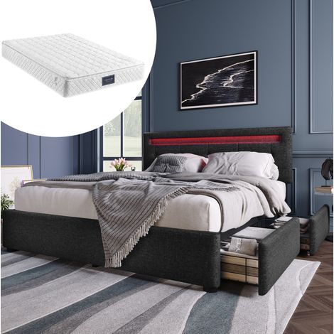 Lit double rembourré 140x200 cm avec matelas, tête de lit LED réglable, 4 tiroirs, sommier à lattes en bois, noir (1/5)