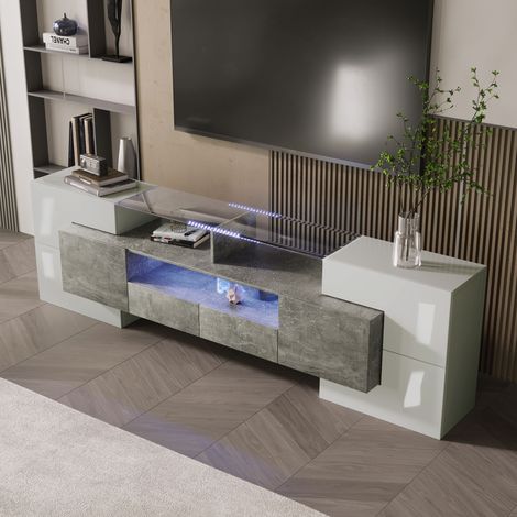 Meuble TV moderne blanc brillant 200cm avec éclairage LED intégré, plateau en verre, meuble bas élégant pour salon, design contemporain et raffiné (1/5)
