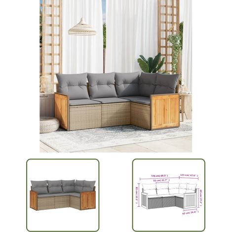 The Living Store 4-tlg. Garten-Sofagarnitur mit Kissen Beige Poly Rattan - Gartensorte - Gartenmöbelset - PE-Rattan Möbel - Outdoor Lounge Set - Balkonmöbel (1/3)