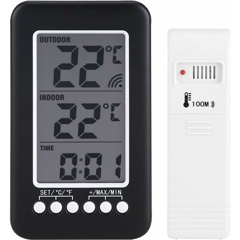 Thermomètre interieur exterieur sans fil avec horloge Numérique station meteo sans fil avec capteur extérieur, black friday 2020 Moniteur de Température Affichage LCD intelligent ° C / ° F