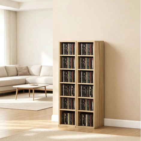 Lot de 2 meubles de rangement CD à 12 compartiments, en panneau de particules bois clair, empilables ou séparés, capacité 204 CD, pour salon ou bureau – CHICFURN (1/5)