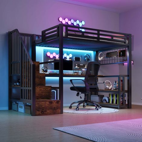 Lit mezzanine 90x200 cm, métal, bureau, étagère, échelle avec rangement, grille murale, LED, USB et USB-C, noir, sans matelas (1/5)