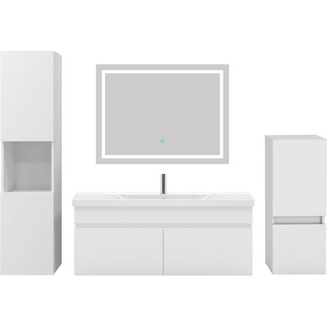 Ensemble meuble de salle de bain 100cm, vasque céramique + colonne x2 + LED miroir, blanc
