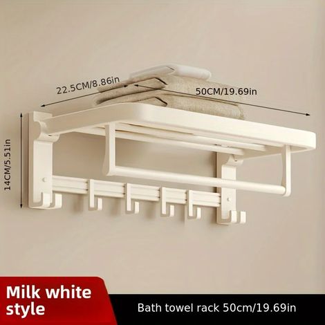 (blanc) Porte-serviettes mural multifonctionnel en aluminium spatial avec crochet et rangement intégrés, pliable, gain de place, design moderne (1 pièce). (1/5)