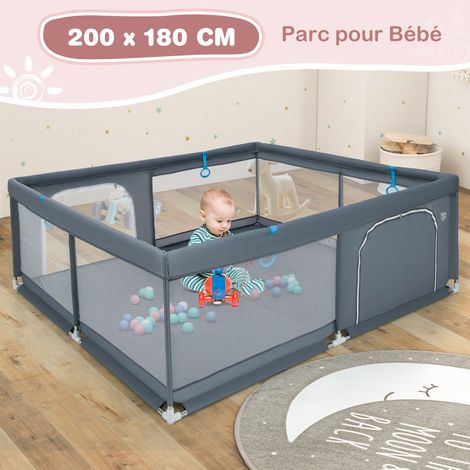 Grand Parc Bébé 200x180cm Maille Douce Respirante Anneaux Balles Océaniques Portes Antidérapant Gris CW18006 (1/3)