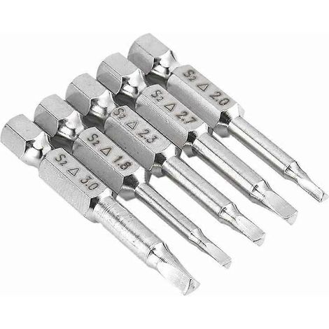 Jeu de 5 embouts de tournevis magnétiques à tête triangulaire en acier S2, diamètres : 1,8 mm, 2 mm, 2,3 mm, 2,7 mm, 3 mm et 6,35 mm, tige hexagonale, longueur : 50 mm (1/5)