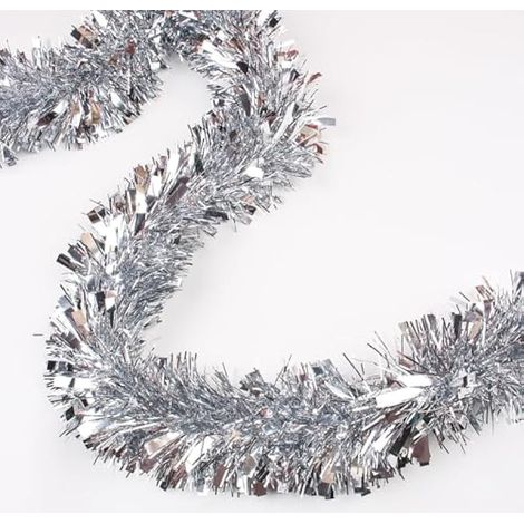 Guirlande de Noël 8M, Tinsel Argenté Métallisé, Paillettes Épaisses Brillantes pour Déco Sapin