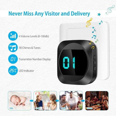 [Non richiede batterie] Campanello wireless con temperatura a LED, kit campanello elettronico impermeabile con ricevitore plug-in, 150 m