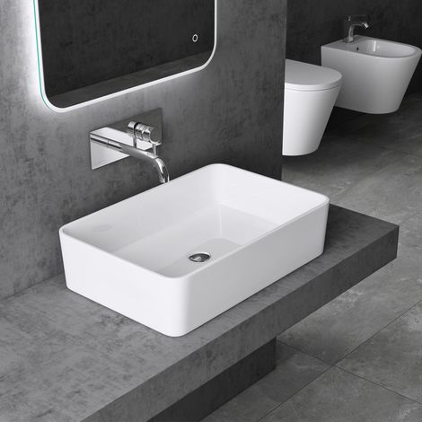 doporro® Aufsatzwaschbecken Mineralguss-Waschbecken 80x40x15 cm, Waschtisch Rechteckig Colossum102 in Weiß hochglanz inkl. NANO-Beschichtung (1/5)