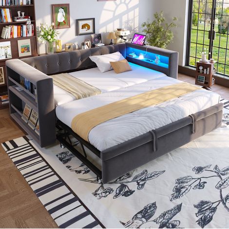Letto bambini 90x190 cm con letto aggiuntivo 90x190 cm, illuminazione LED, presa elettrica, vani portaoggetti, in tessuto, senza materasso, grigio scuro (1/5)