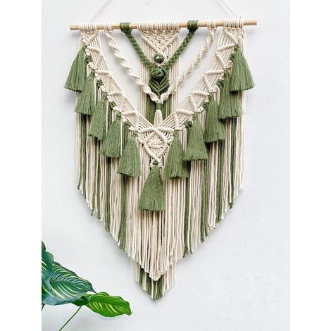 Boho-Makramee-Wandbehang, handgefertigter Baumwoll-Wandbehang mit Quaste, gewebte Makramee-Wanddekoration zur Verschönerung von Schlafzimmer, Wohnzimmer, Wohnung oder Kinderzimmer (grün) (1/5)