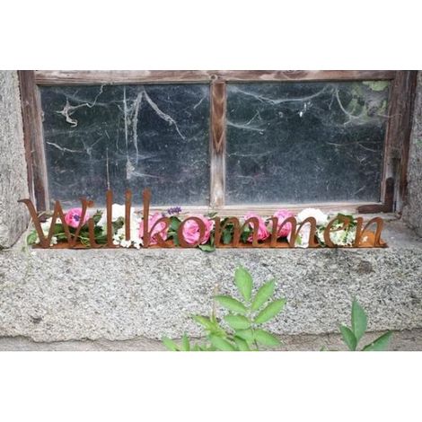 Panneau Décoratif Welcome en Métal Aspect Rouille avec Socle pour Entrée et Jardin 77 cm - PANGIVO (1/2)