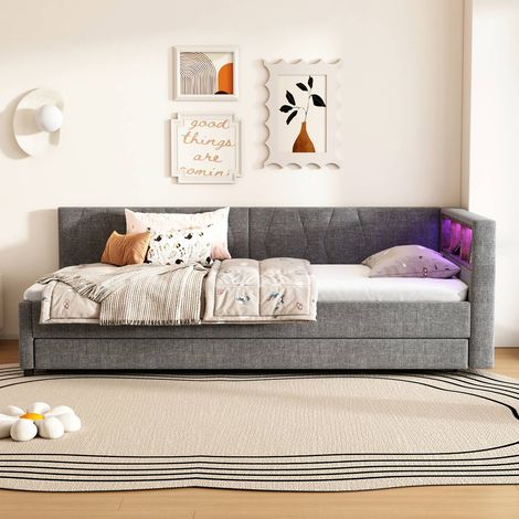 Lit banquette 90 x 200 cm avec tiroir-lit, led, usb et usb-c, rangement, sommier à lattes, tissu gris, sans matelas (1/5)