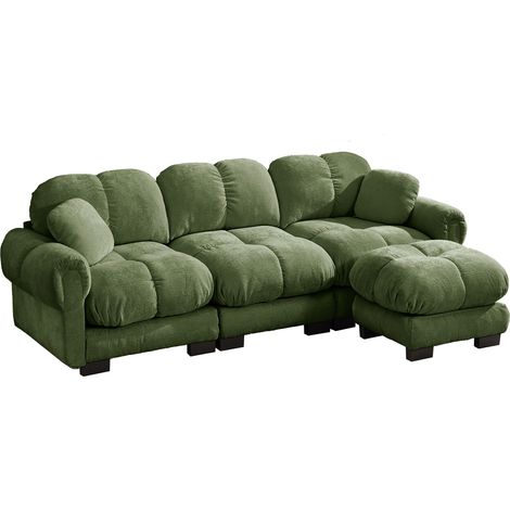 Sofá esquinero en L de 3 plazas de chenilla verde con puf móvil y 2 cojines decorativos (1/5)
