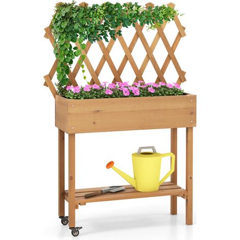 Jardinage sans se baisser, bac potager surélevé en bois avec treillis, étagère et roulettes verrouillables (1/5)