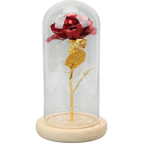 Rose unter einer Glaskuppel, ein romantisches Glückssymbol, bezaubernde rote Rose mit Blattgold und LED-Licht, ideales Valentinstagsgeschenk (1/5)