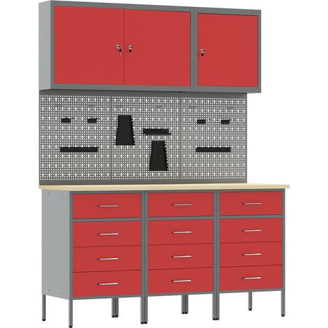 Set di armadietti da lavoro e pannello a punte - 8 pezzi rossi in MDF e metallo vidaXL (1/5)