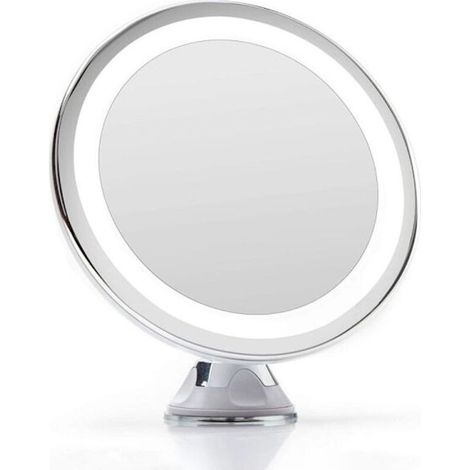 Miroir à ventouse UNIQ avec lumière LED et grossissement x10 – Miroir de maquillage blanc pour salle de bain ou voyage [BR] (1/3)