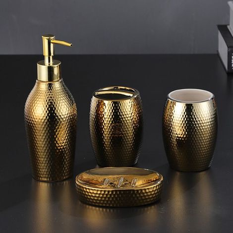 Lot de 5 distributeurs de savon dorés en céramique, porte-savon et gobelet à brosse à dents de luxe pour salle de bain et WC (1/4)