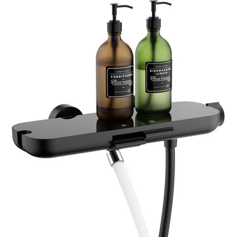 Mitigeur de Baignoire Mural Noir avec Étagère Intégrée, Robinet de Douche avec Bec Orientable pour Colonne de Douche, en Inox 304
