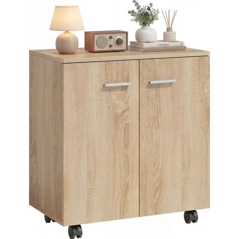 Buffet à roulettes avec 2 portes et étagères, idéal pour le salon, la chambre ou le bureau. Dimensions : 60 x 35 x 65 cm. Couleur : Naturel. (1/5)