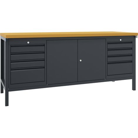 Pavoy Werkbank, 2000x700x900 mm, 2 Schubladenblöcke, 1 Schrank, RAL 7016 (1/2)