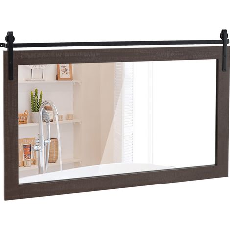 Specchio da parete con cornice in legno massiccio e staffa in metallo, Decorazione da parete in stile rustico Noce (1/4)