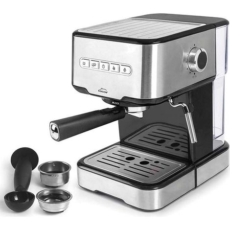 Cafetera Expresso con 2 salidas de café y función de calentar/espumar la leche, apta para café molido y cápsulas Lacor.