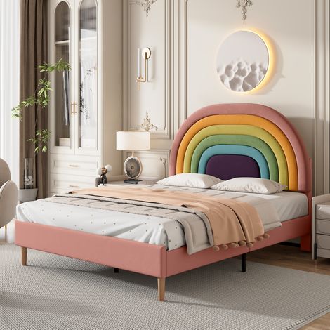 Cama 140x200 cm rosa de terciopelo con cabecero ajustable, juvenil, sin colchón – MEUBLIV (1/5)