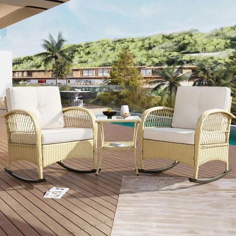 Salon de Jardin 3 Pièces en Résine Tressée - 2 Fauteuils à Bascule avec Coussins Beige et 1 Table Basse - Charge Max 160kg - Style Rotin - Beige