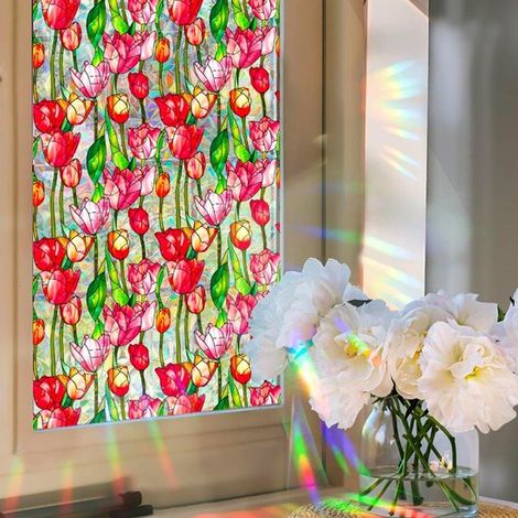Film occultant rétro tulipe pour vitres - Sticker coloré effet arc-en-ciel - Décoration occultante pour salon - Autocollants statiques amovibles - 43 x 100 cm - Couleur (1/5)