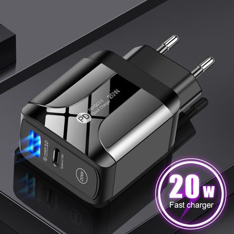 Adaptateur secteur 20 W, chargeur rapide, alimentation USB-C Type-C QC 3.0, noir (1/4)