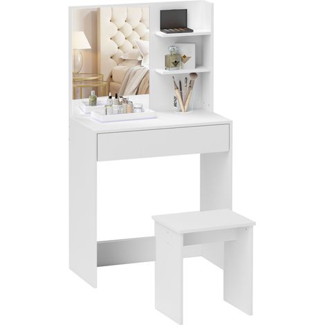Coiffeuse à 3 niveaux avec tiroirs, miroir et tabouret, panneaux de particules, 75 x 40 x 137 cm, blanche