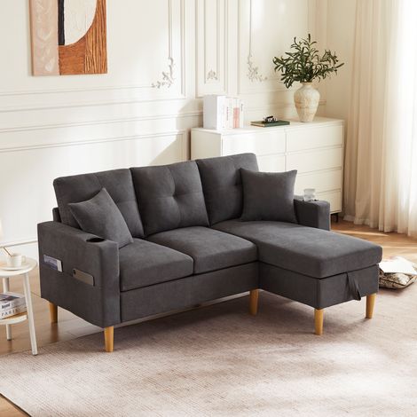 Sofá 3 plazas en forma de L con almacenamiento incorporado y portavasos, viene con dos cojines, adecuado para la sala de estar, gris oscuro (1/5)