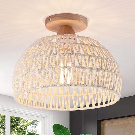 Rattan Ceiling Light,Boho Semi Recessed Ceiling Light,Handmade Rattan Lighting Fixtures,E27 Vintage Chandelier Rustic White rattan Lamp for Living Room Bedroom Dining Kitchen Bulb not included (1/5)