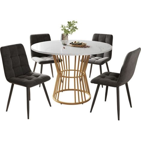 Table à manger ronde 100 cm avec 4 chaise,Ensemble de table à manger table de cuisine avec chaises de salle à manger en velours gris (1/5)