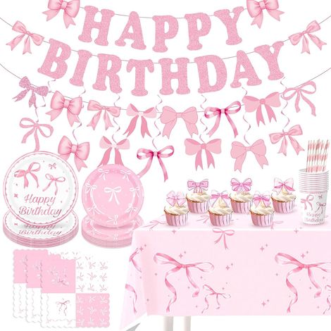Ensemble de vaisselle de fête d'anniversaire 117 pièces - Motif nœuds roses - Décoration d'anniversaire de fille avec assiettes, gobelets, serviettes, nappe, décoration de gâteau et bannière (1/5)