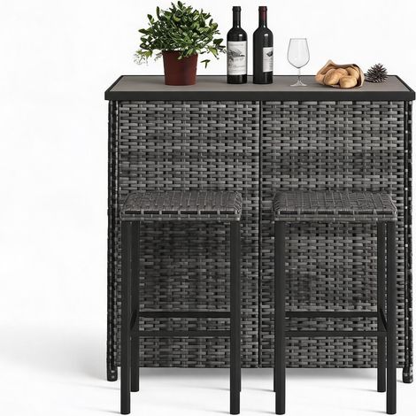 Set Bar Exterior 3 piezas en Ratán PE Resistente a la Intemperie - Mesa + 2 Taburetes con Estantes, Estructura de Acero - Gris Degradado, Algodón Secado Rápido, Tapa DPC (1/5)