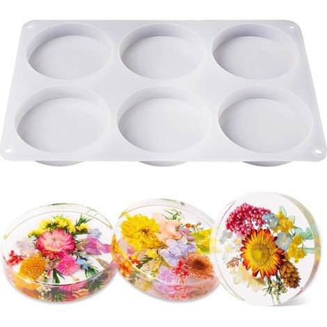 Moule à sous-verres en silicone – 6 cavités – 10 cm – Blanc – Pour résine époxy et fleurs (1/5)