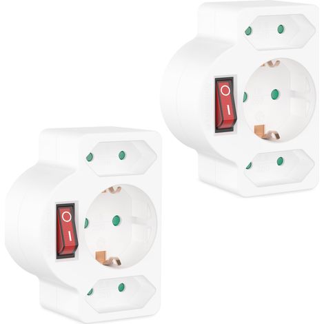 2X Prise Multiple Blanche avec Interrupteur - Adaptateur de Prise avec sécurité Enfant - Double Prise 3680W - Multiprise Triple - 2X Euro et 1x Schuko - Prise de Courant Multiple (1/2)