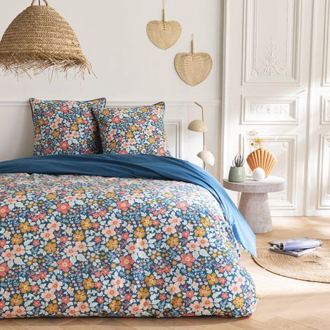 Parure de lit 2 personnes en coton 57 fils – Imprimé bleu – Dimensions 240x220cm – Housse de couette + 2 taies 63x63cm – Future Home (1/4)
