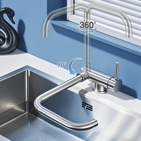 Mitigeur Cuisine Rabattable Brossé Pivotant à 360° Robinet de Cuisine avec Poignée Pliable Contre Fenêtre Robinet Mitigeur Evier Acier Inox 304 à Eau Chaude et Froide (1/5)