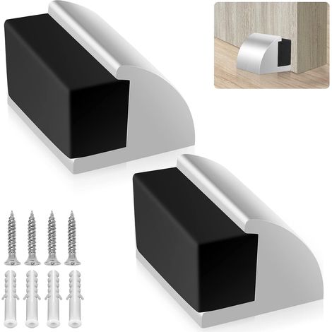 Lot de 2 Butées de Porte Métalliques Robustes, Fixation au Sol, Protection Murale avec Amortisseur en Caoutchouc, Design Moderne, Chrome