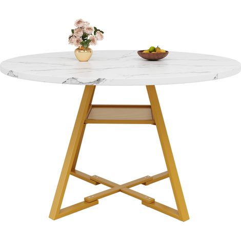 Tavolo rotondo 120x120x75cm, porteata 60kg, struttura stabile MDF e metallo, bianco per sala da pranzo