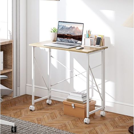 Table bureau pliable en MDF laminé et acier, décor bois naturel, 80 x 40 cm, avec roulettes (1/5)