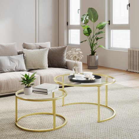 Runde Glastische Satztisch Set mit 2 für modernes Wohnzimmer, Großer Beistelltisch 80x45cm, Goldfarbener Rand