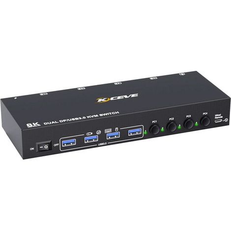 KCEVE 8K DP KVM-Switch für 2 Monitore und 4 Computer, 30 Hz, 4K@144 Hz, Dual-USB-3.0-Anschluss für Tastatur und Maus, EU-Stecker