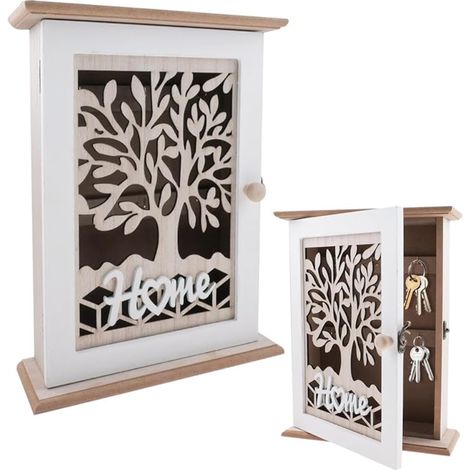 Armoire a Clef Murale Boîte à clés Motif Arbre de Vie Boîte à clés Bois avec Porte 6 Crochets Armoire à clés Bois entrée Chambre Couloir Blanc 22 x 7 x 28,5 cm (1/5)